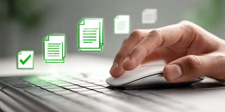Close-up of a hand using a computer mouse over a laptop keyboard.  Abstract, green document icons float above the keyboard
