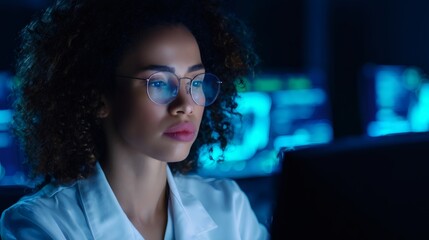 African american woman researcher studying data. Female scientist working with artificial intelligence. Future of medicine, bioengineering and health care concept.