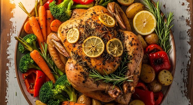 Roasted Chicken with Vegetables and Lemon on a Rustic Platter