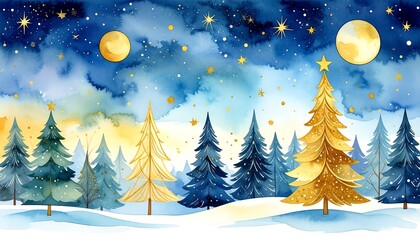 A winter scene of a stylized forest at night, featuring gold Christmas trees and a starry sky with a full moon.