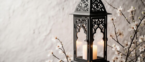 festive eid lantern with blooming cherry blossoms on a textured background | islamic, holiday, religious, festive, spring theme