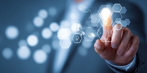 Close-up of a hand interacting with a digital interface, overlaid with glowing hexagonal icons