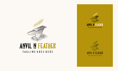 Quill and Forge Logo template designs, Anvil and feather Hand Drawn Vintage logo template