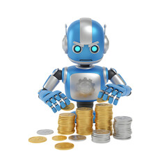 3d illustration of happy robot sitting behind stacks of gold and silver coins, isolated on transparent background concept of wealth, investment, and financial success