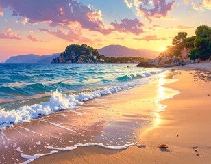 Scenic coastal sunset: Waves, beach, mountains, and colorful sky panorama