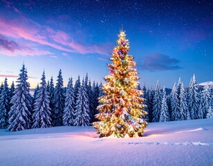 Christmas tree in snowy mountain landscape at night