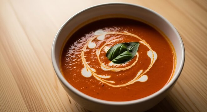 Creamy tomato soup with basil served in a bowl on wood