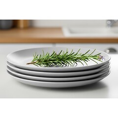 Stack of Gray Dinner Plates with Rosemary.