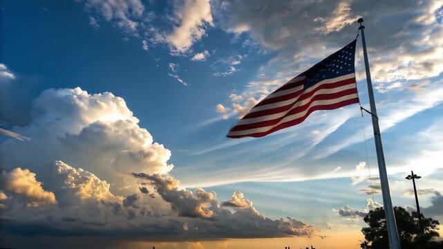 American flag waving against a blue sky with white clouds on a sunny day and a tall flagpole