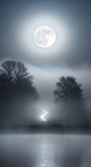 Misty Moonlight Landscape with Full Moon.