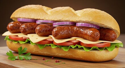 Delicious sausage sandwich with vegetables and cheese on a wooden board