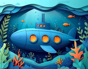 Underwater Adventure: A Delightful Illustration of a Submarine and Marine Life