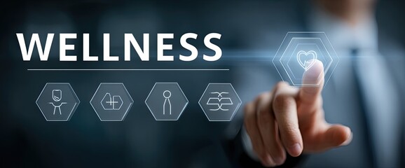A hand interacting with a digital interface displaying the word "WELLNESS" and related health icons.  A person in a suit is touching a glowing heart symbol