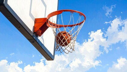 Close-up shot of a basketball going through an orange hoop with white netting against a blue sky with fluffy white clouds.