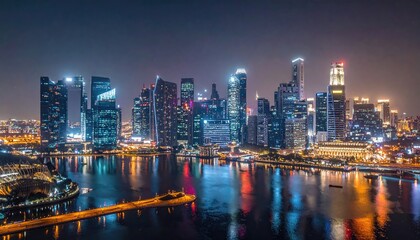 Obraz premium Nighttime Skyline with Illuminated Skyscrapers Reflected in Dark Water