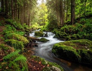 Tranquil mountain stream flowing through a lush forest