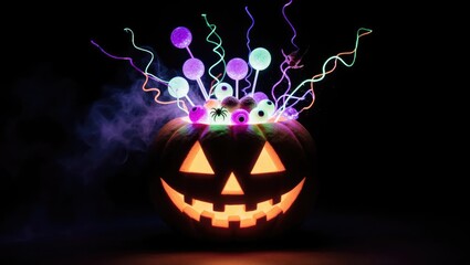 Fototapeta premium Neon Candy Explosion from Pumpkin on Black for Night Halloween Events