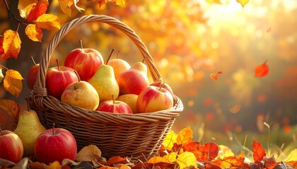 Autumn harvest scene: a basket overflowing with apples and pears in sunlight