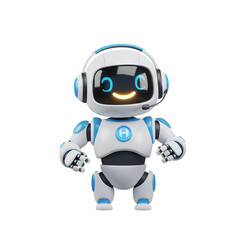 3d illustration of friendly white robot with headphones isolated on transparent background cute smiling robot character with glowing face ai support assistant concept