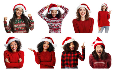 Fototapeta premium PNG Joyful women in festive sweaters, element set on transparent background
