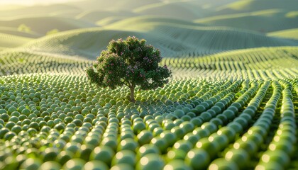 Zielone drzewo rosnące pomiędzy tysiącami zielonych trójwymiarowych kul. 