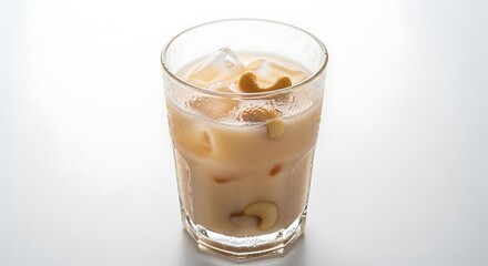 Refreshing cashew nut milk drink with ice on white background.