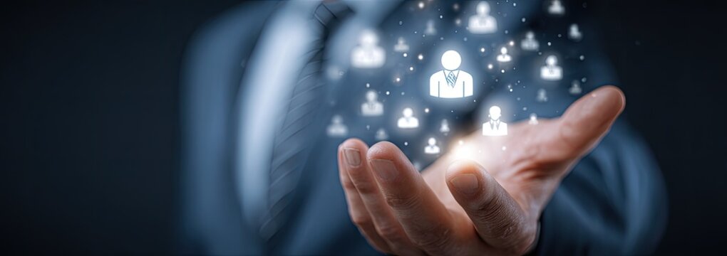 A businessman's hand holds a digital representation of people
