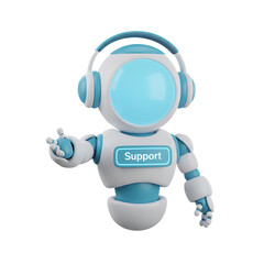 3d illustration of a cute white robot is wearing headphones and has support on his chest isolated on transparent background, representing customer service
