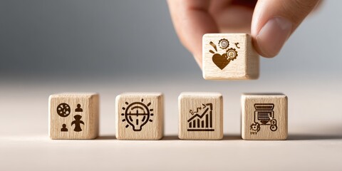 Wooden blocks with different symbolic icons, arranged in a strategic order, conceptualizing ideas and growth. A hand holds a block with a heart and cogs