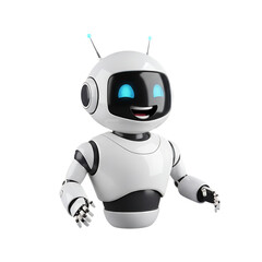 3d illustration of a friendly white robot with a smiling face isolated on transparent background, offering a welcoming gesture with its arms outstretched in a cheerful pose