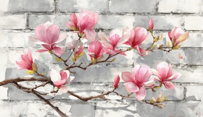 Delicate magnolia blossoms bloom against a weathered gray brick wall, painted in soft watercolor hues.