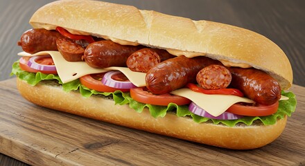 Delicious sausage sub sandwich with fresh vegetables on wooden board