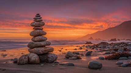 Stacked Stones At Sunset Beach Landscape