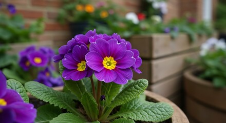 Close up of vibrant purple primrose flowers with yellow centers in a pot