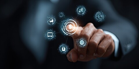 Hand interacting with a holographic display showing financial and technology icons