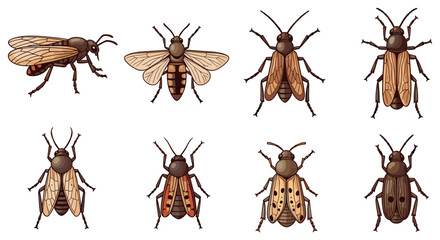 Set of various insect vector illustrations including different species of bugs, beetles and wasps svg