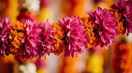 vibrant marigold garlands adorning a festive space, india's colorful celebration of tradition and beauty | festival, indian culture, wedding, decoration, spiritual theme