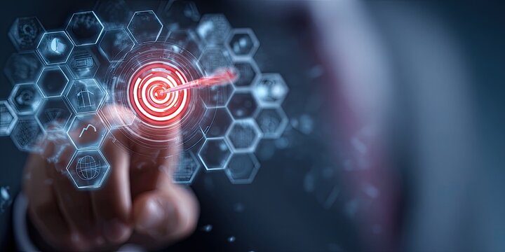 A hand interacts with a holographic target interface overlaid with medical icons