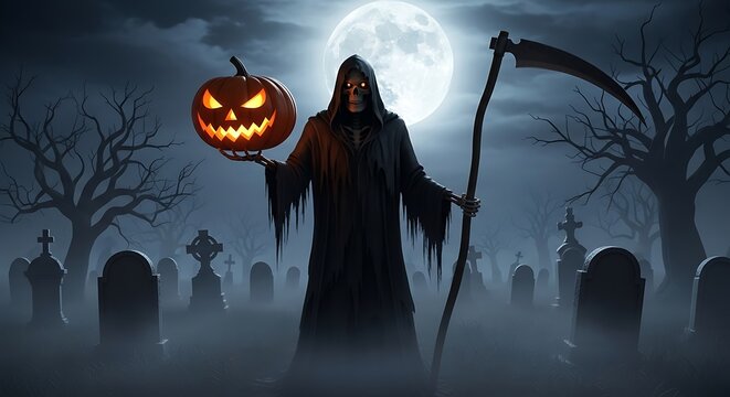 Halloween Grim Reaper with Pumpkin. - Powered by Adobe