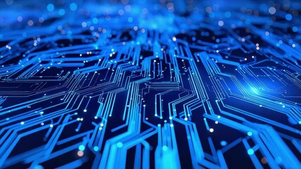 Dynamic digital circuit board background with glowing blue lines and data points, symbolizing technology, AI, computing, and global network connections. - Powered by Adobe