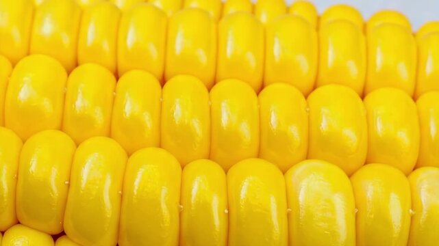 Macro close-up of vibrant, shiny yellow corn kernels arranged in neat rows, highlighting their fresh texture and bright color for a healthy food background.