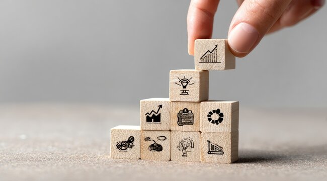 A hand places a wooden block with a growth chart symbol on top of a small, ascending stack of similar blocks, each bearing business-related icons