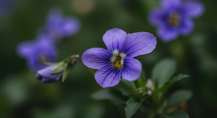 Close up of vibrant purple violet flowers in full bloom with soft focus