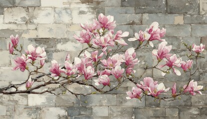 Delicate pink magnolia blossoms gracefully adorn a weathered gray stone wall, creating a serene and artistic floral composition.