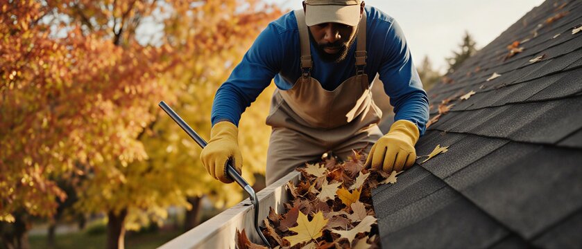 professional cleaning leaves from rooftop gutter with rake tool | home improvement, seasonal maintenance, outdoor work, property care, autumn theme