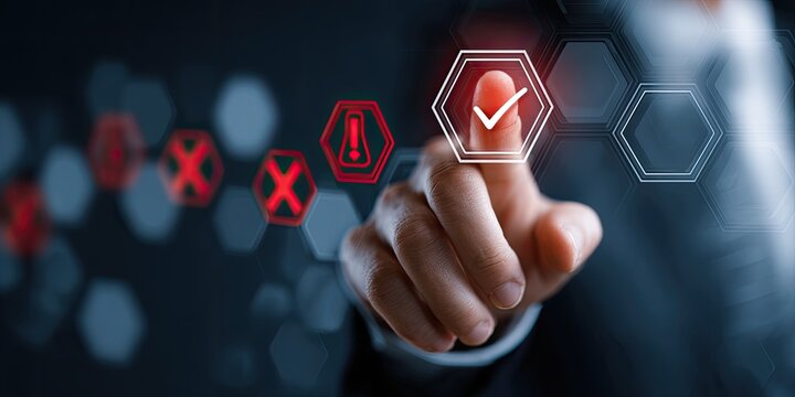 A hand interacting with a digital interface, selecting a checkmark icon amid red warning symbols