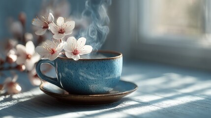 Morning Tranquility: Aromatic Cup of Tea Adorned with Delicate Cherry Blossoms