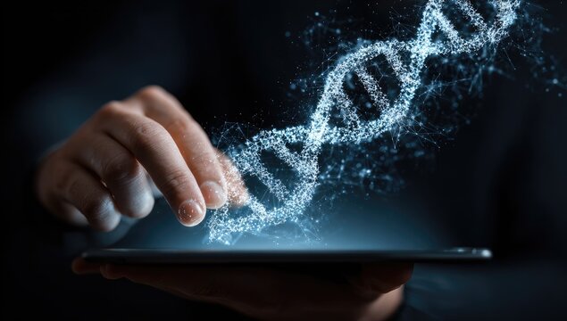A hand interacts with a digital DNA strand displayed on a tablet