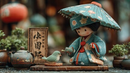 Delicate Japanese doll offering food to a little bird in a serene garden setting