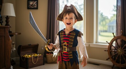 Joyful young boy dressed as pirate holding sword excitedly in treasure room